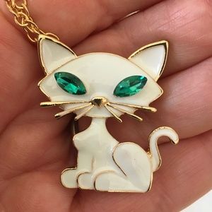 White Enamel Cat w/Green rhinestone eyes, on Gold plated chain